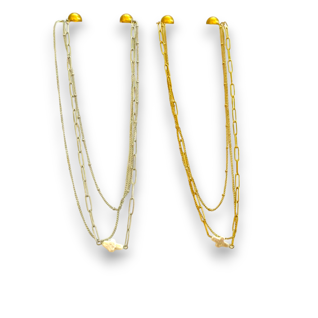 Collier multi rang croix nacré acier inoxydable