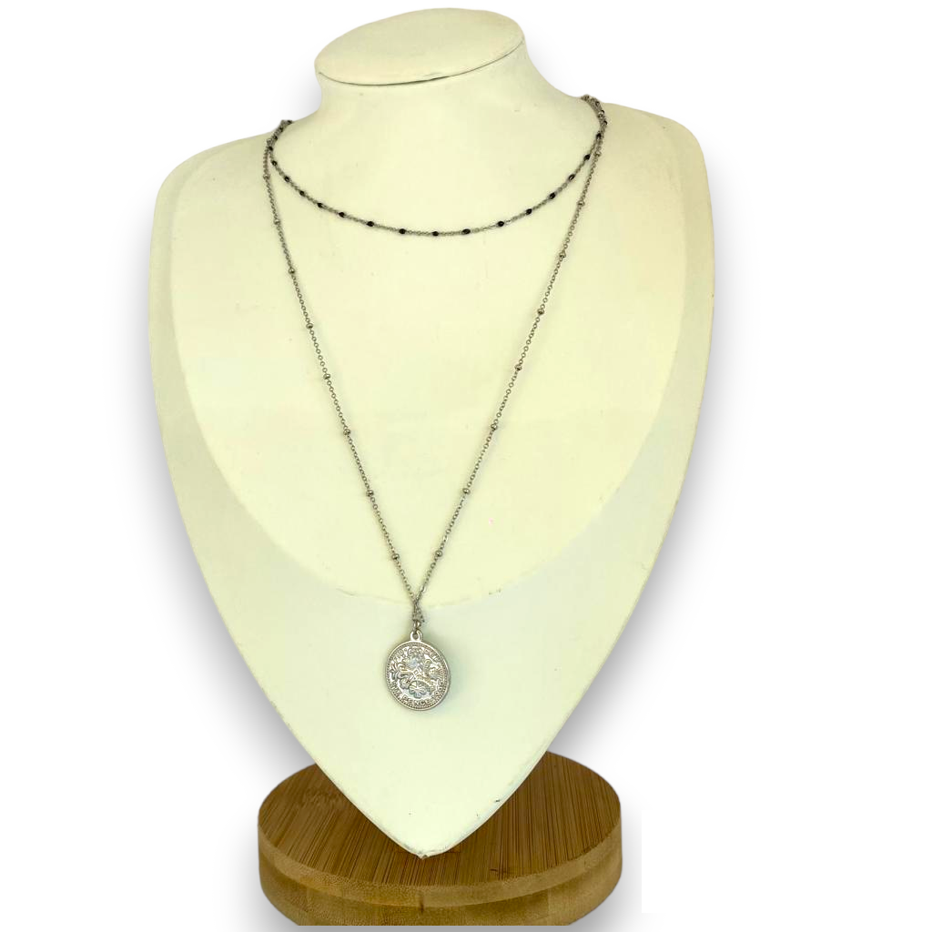 Collier Double Rangs Résine et Pampille Argent et noir