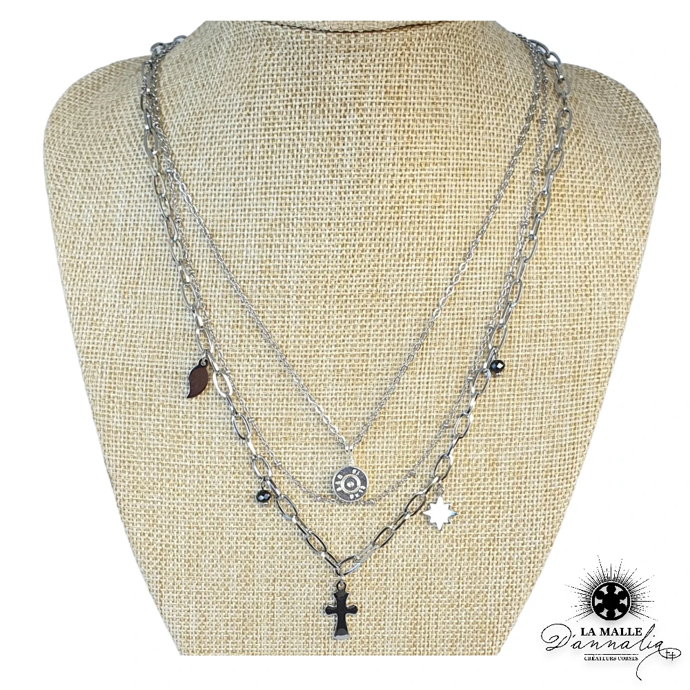 collier acier inoxydable createur corse croix argent feuille lamalledannalia