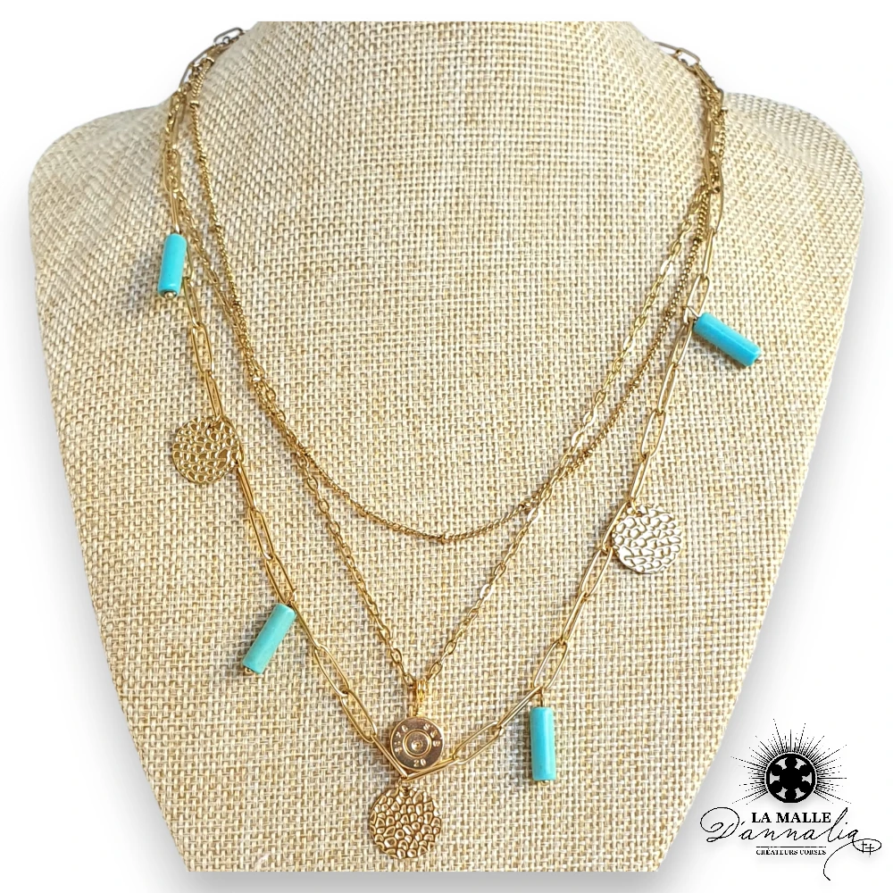 3 rang acier inoxydable createur corse turquoise dore douille lamalledannalia