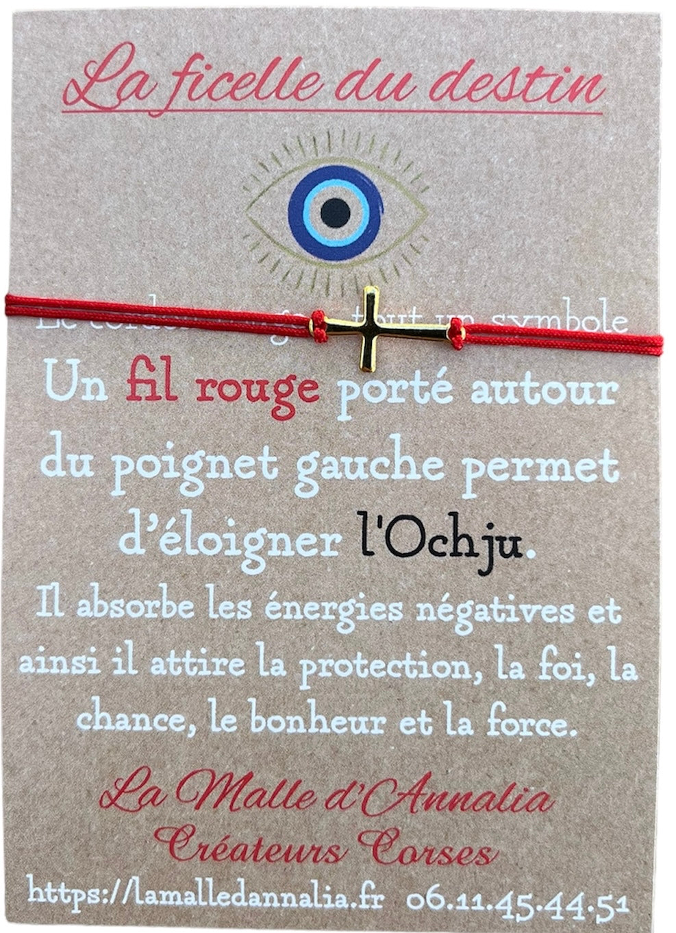 Bracelet Fil Rouge Protection Corse - Croix en Acier moyenne - Ajustable - Fait Main en Corse