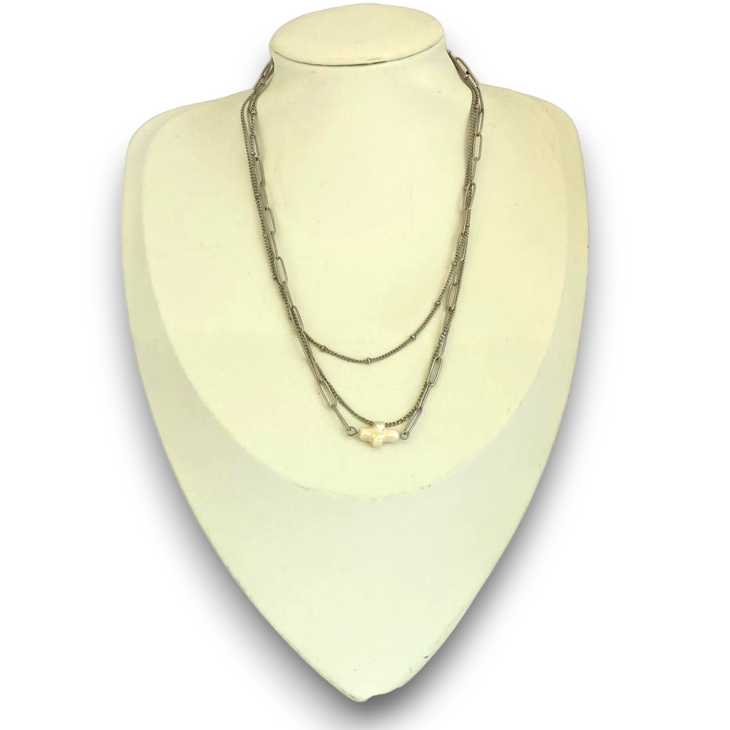 Collier multi rang croix nacré acier inoxydable