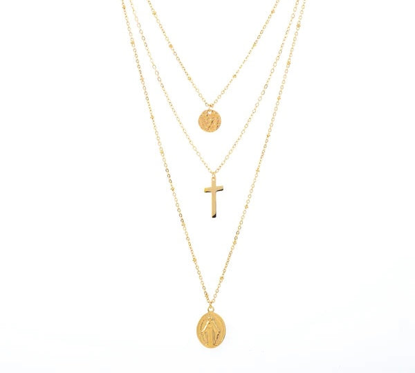 Collier 3 rangs Médailles religieuse acier inoxydable