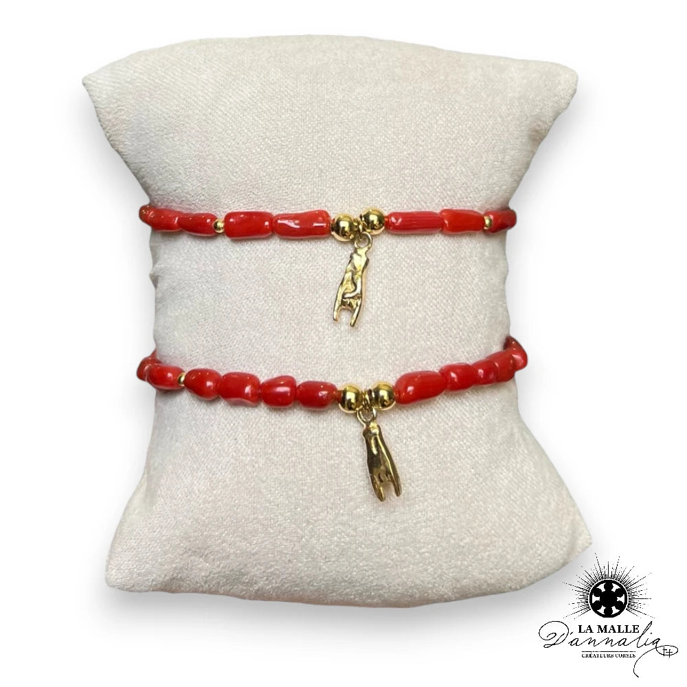 Bracelet corail-dore-acier inoxydable-tube corail-perle corail-bracelet corne-lamalledannalia