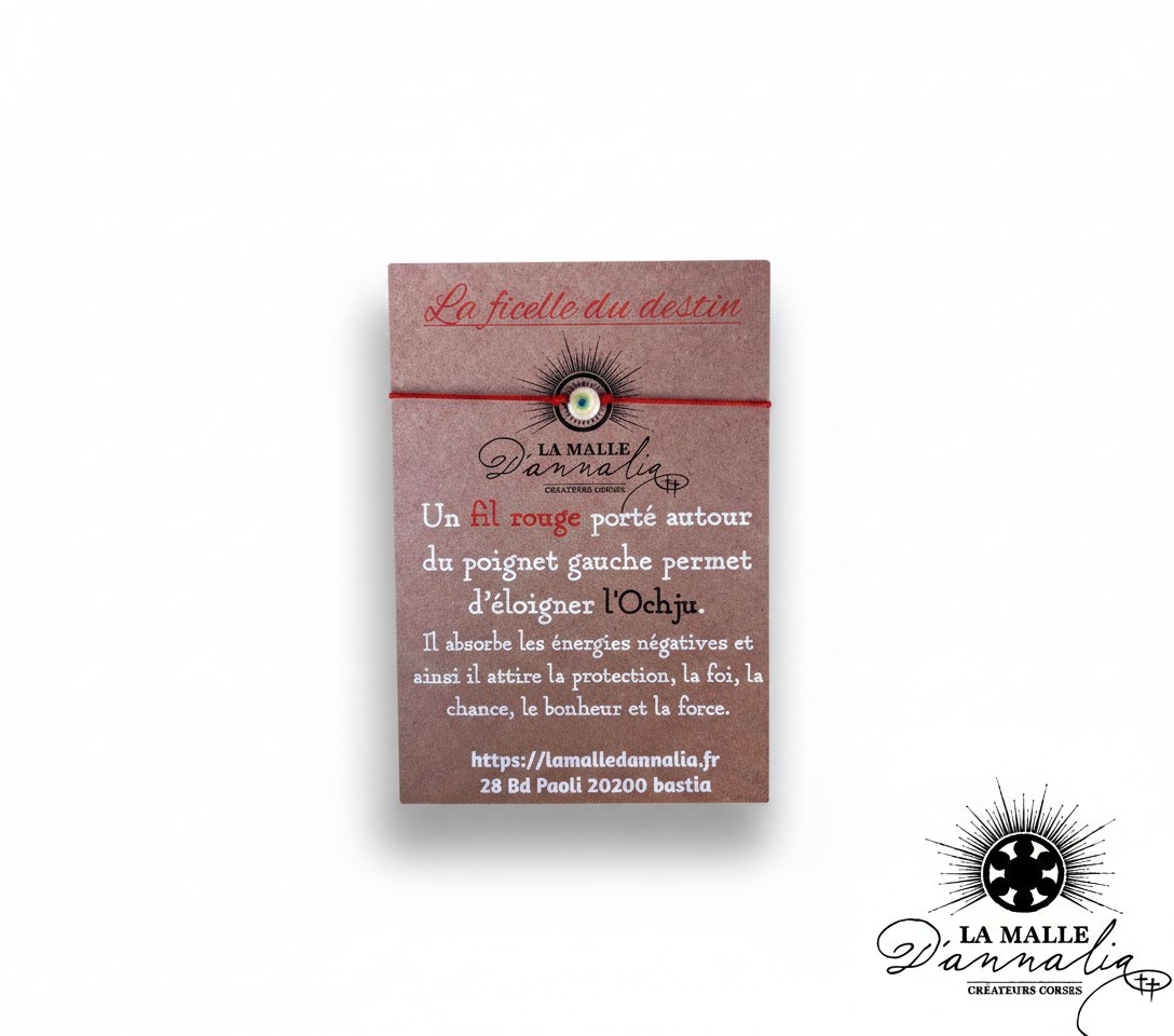 Bracelet ficelle rouge avec œil porte-bonheur sur carte La ficelle du destin contre le mauvais œil lamalledannalia