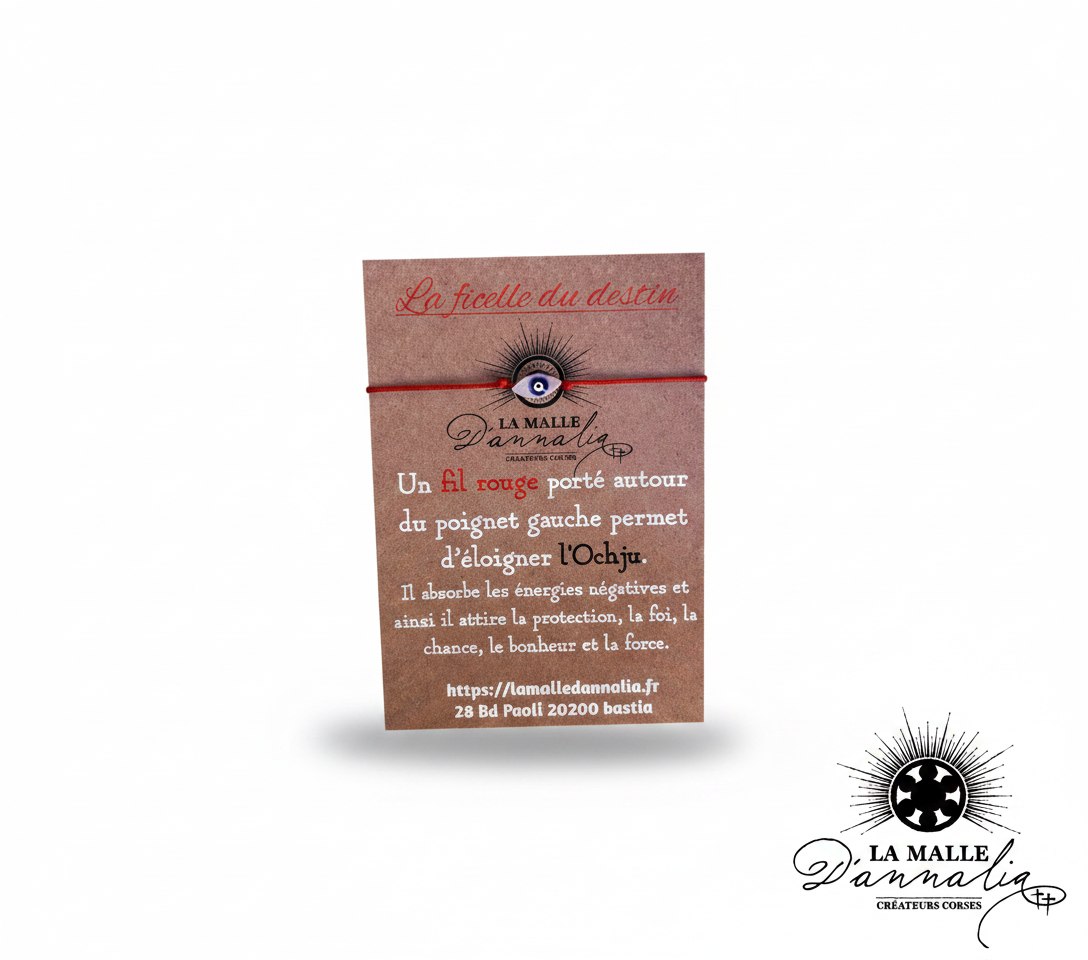 Bracelet fil rouge et œil bleu sur carte kraft "La ficelle du destin" lamalledannalia