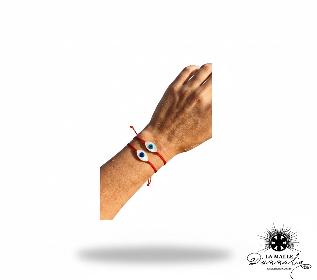 Deux bracelets cordon rouge fin avec perle œil bleu grec sur un poignet bronzé lamalledannalia