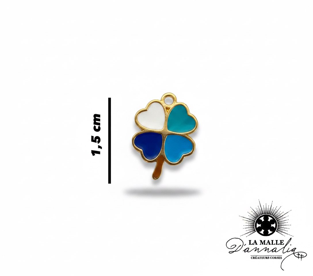 Charms trèfle doré émail bleu et blanc, 1,5 cm lamalledannalia