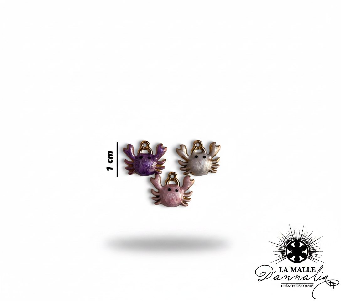 Pendentif crabe émaillés brillant, trio couleurs violet blanc rose, pour bijoux lamalledannalia