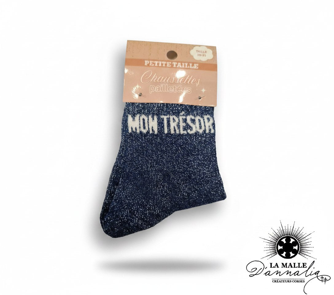 Chaussettes enfant bleues scintillantes avec inscription Mon Trésor lamalledannalia