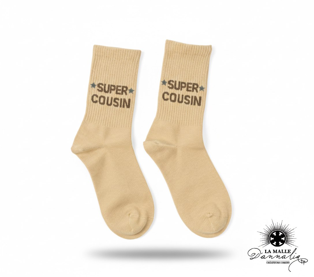 Chaussettes beiges message SUPER COUSIN et étoiles marron lamalledannalia