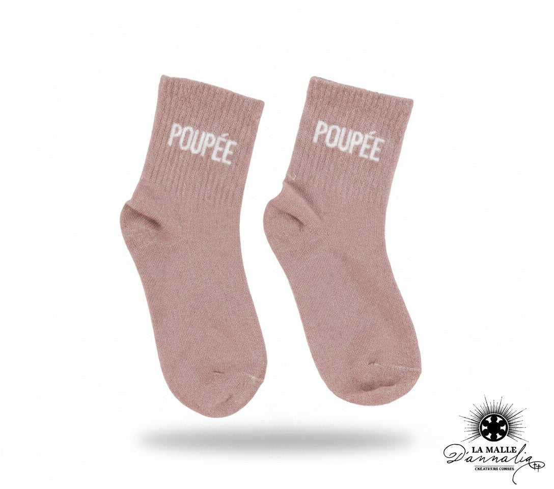 Chaussettes enfant roses scintillantes avec inscription décorative POUPÉE lamalledannalia