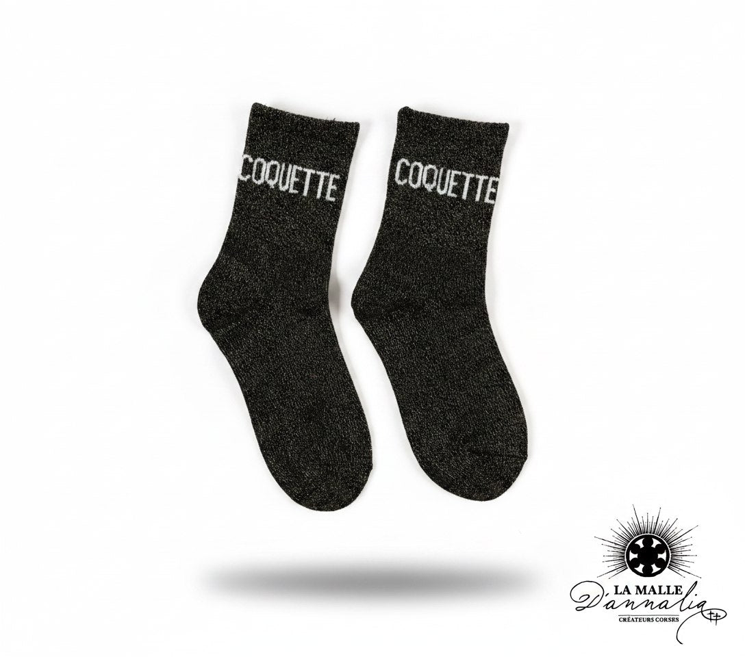 Paire de chaussettes enfant noires scintillantes avec inscription Coquette lamalledannalia