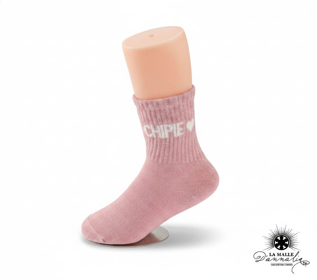 Chaussettes roses enfant pailletées avec message "CHIPIE" lamalledannalia