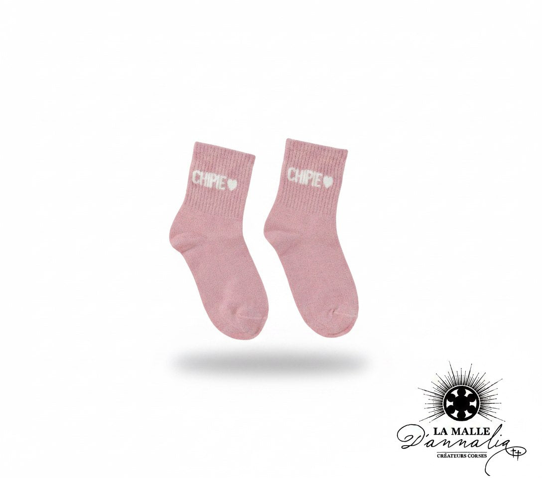 Chaussettes scintillante enfant roses avec inscription CHIPIE lamalledannalia