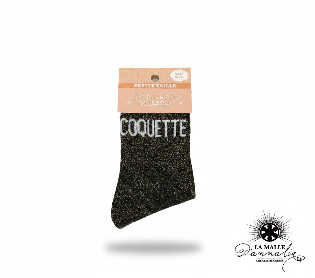 Chaussettes enfant noires à effet pailleté, inscription Coquette visible lamalledannalia