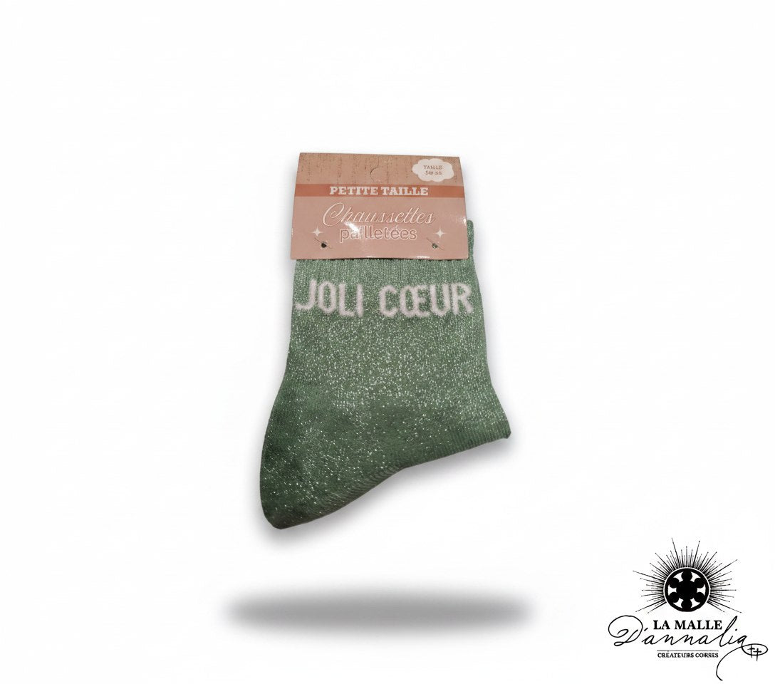 Chaussettes enfant vertes scintillantes avec inscription Joli Cœur