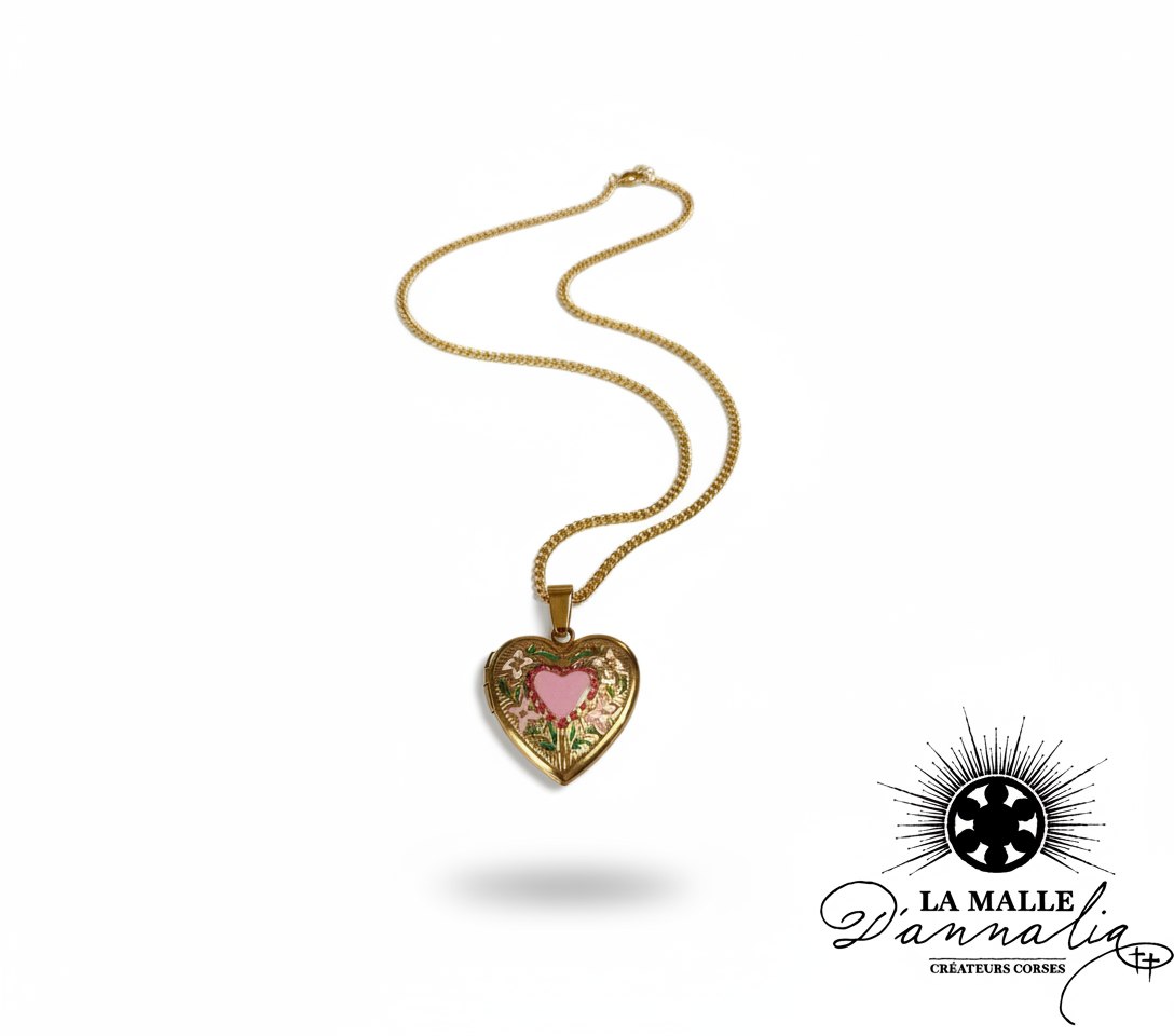 Collier pendentif cœur doré avec motifs floraux émaillés roses lamalledannalia