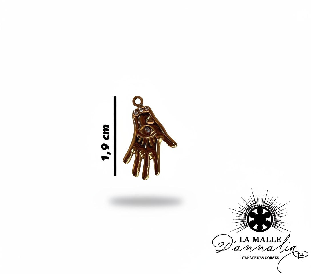 Pendentif main dorée Hamsa avec œil et pierres, bijoux de créateur lamalledannalia.