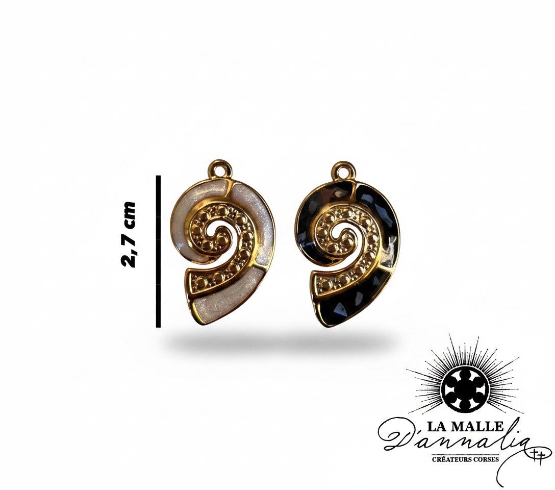 Pendentifs spirale dorés, l'un blanc nacré, l'autre noir, taille 2,7 cm lamalledannalia