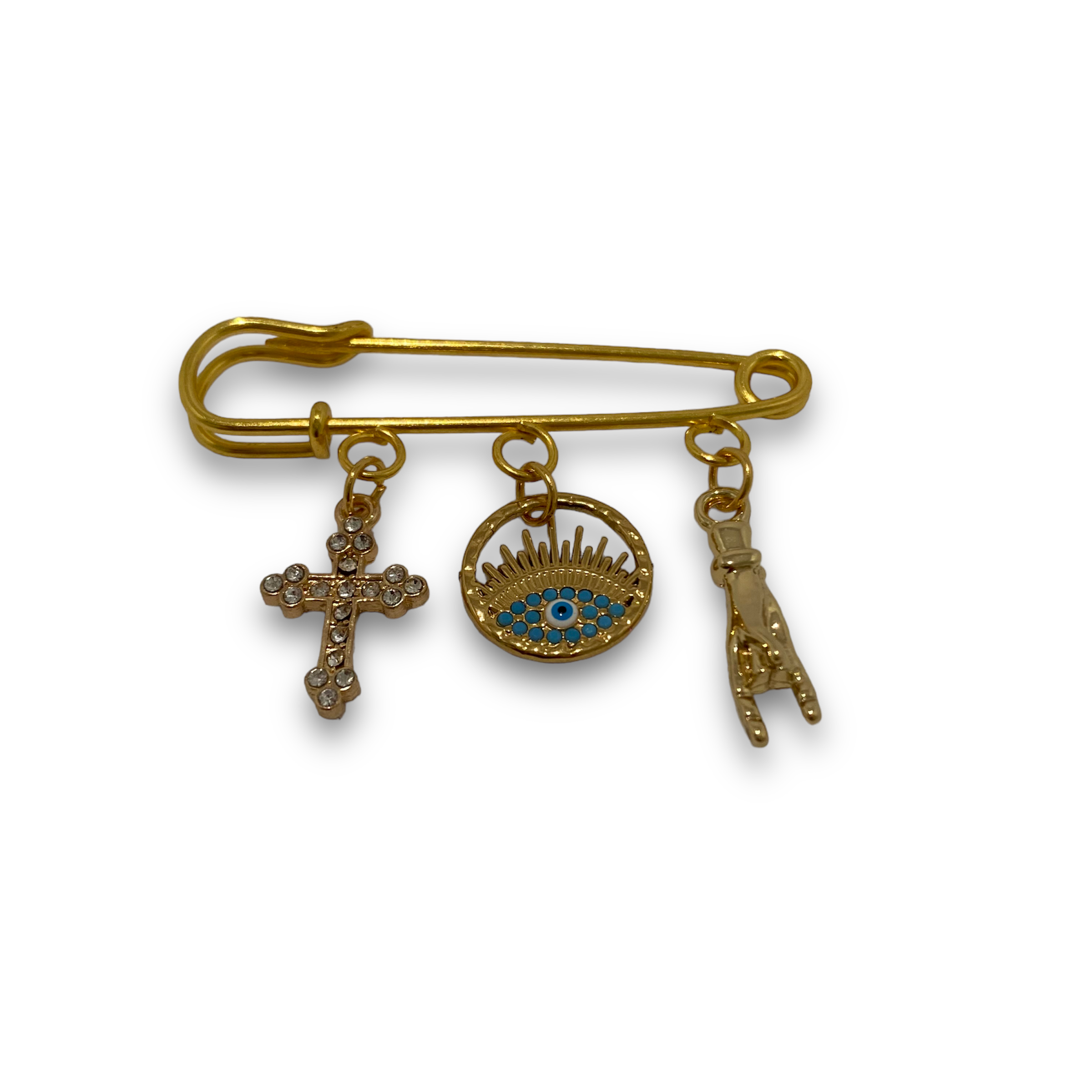 Broche croix, oeil et main