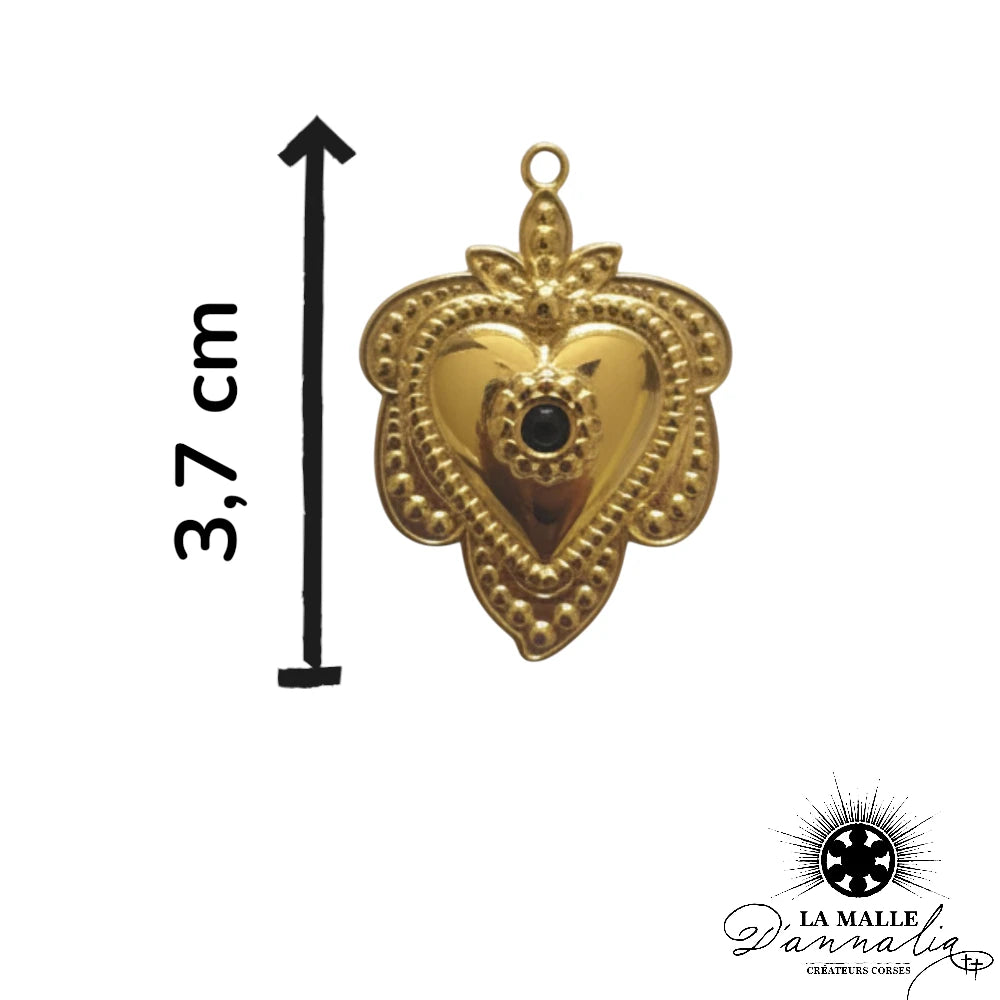 Breloque Ex Voto Cœur Doré Strass Noir — Charm 3,7 cm