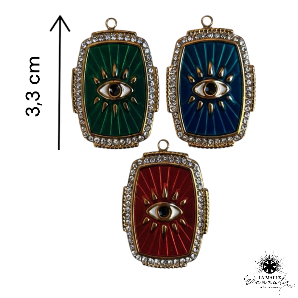Breloque Rectangulaire Œil Strass — Rouge, Vert, Bleu 3,2 cm