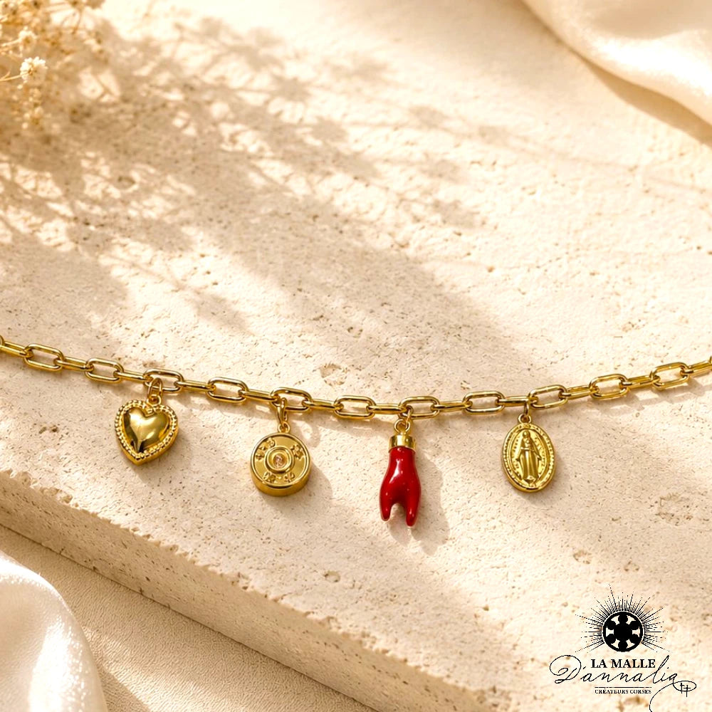 Bracelet breloques cœur et Sainte Marie acier doré — La Malle d'Annalia Bastia