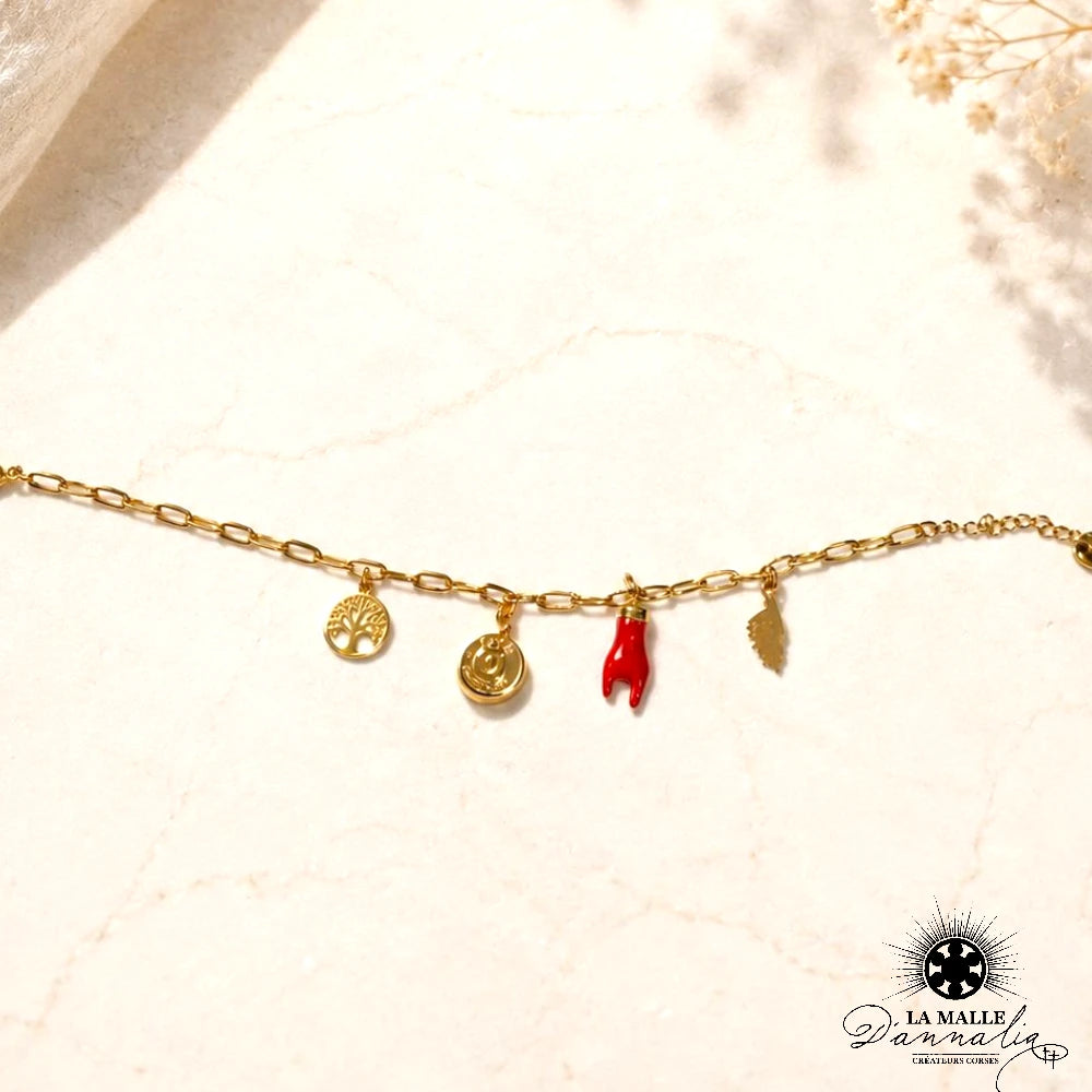 Bracelet breloques arbre de vie et main cornue acier doré — La Malle d'Annalia Bastia