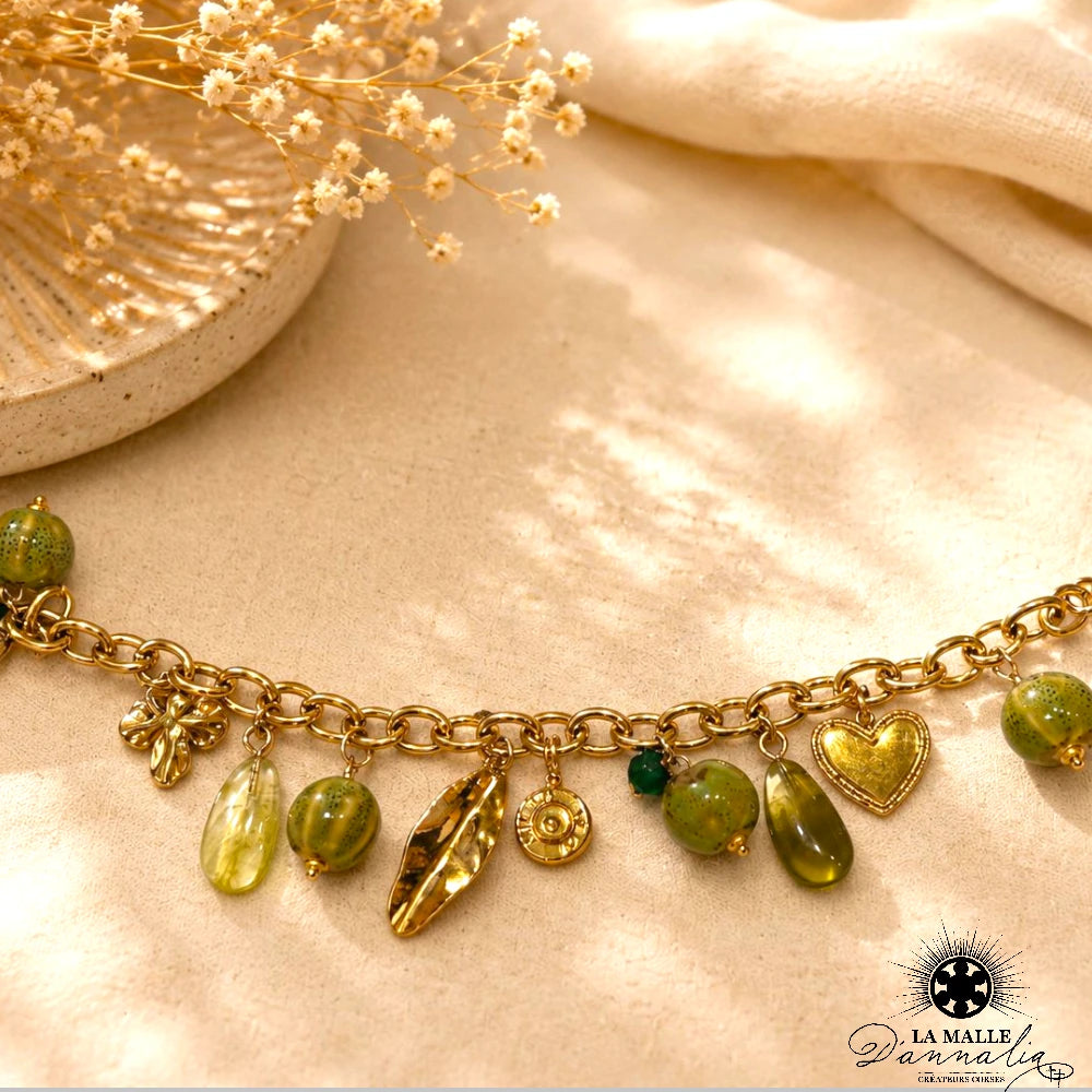 Bracelet Douille Vert Breloque Nature — Bijou Végétal Fait Main Corse