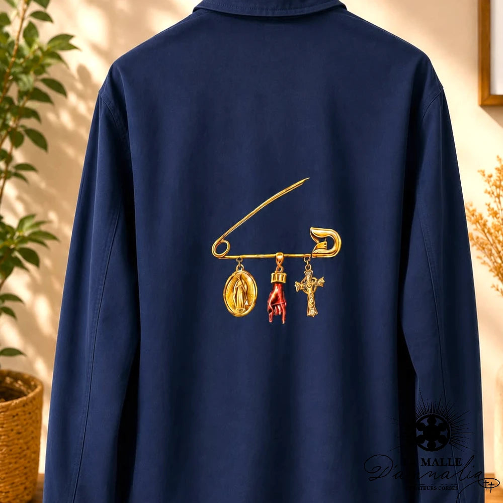 Veste Bleu Brodée Épingle Dorée