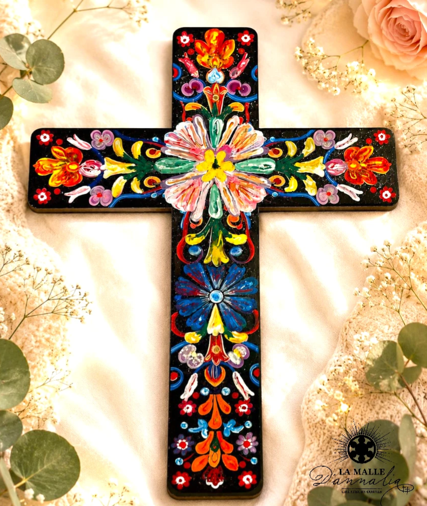 Croix Décorative Murale Noir & Multicolore — Art Religieux Mexicain Bastia
