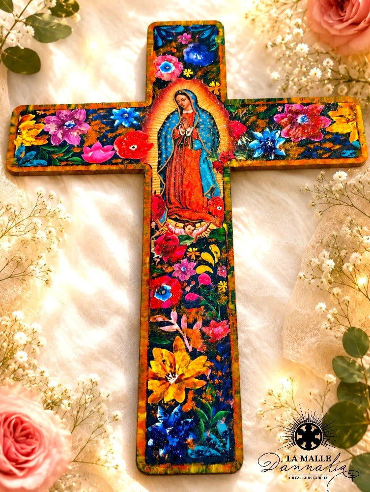 Croix Décorative Murale Bleu & Orange — Art Religieux Mexicain Bastia