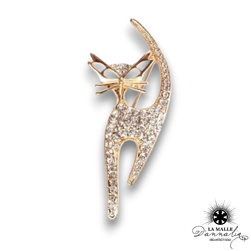 broche bijou chat strass dore fin lamalledannalia