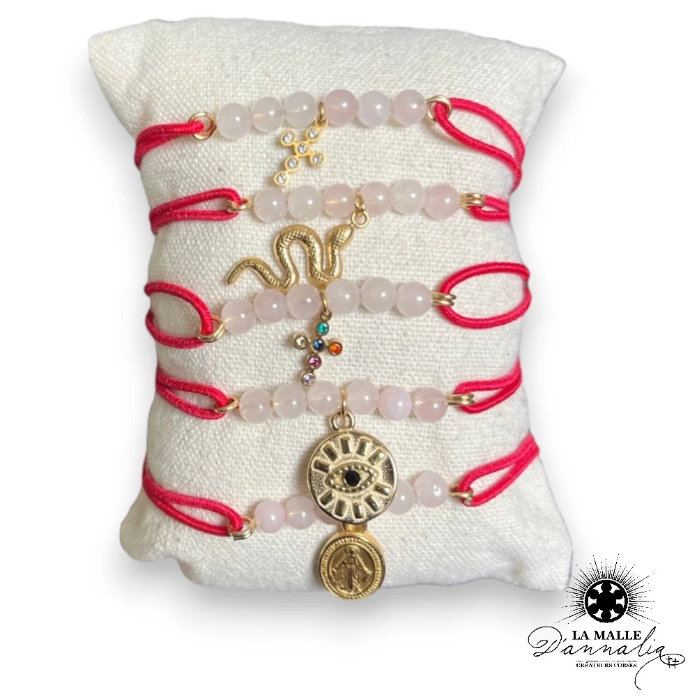 Bracelet fil rouge protection corse avec Pierre quartz rose