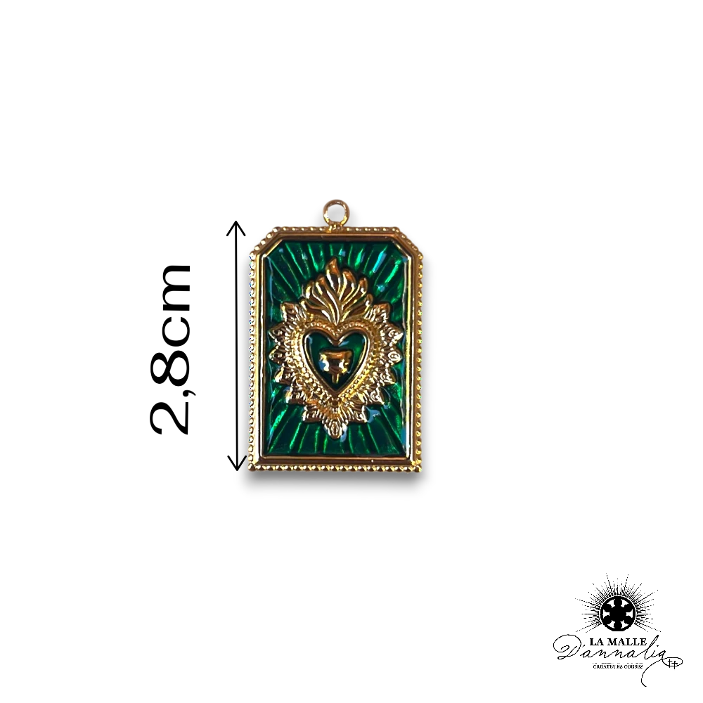 charm rectangulaire ex-voto cœur vert rayons acier inoxydable bijou votif La Malle d'Annalia Bastia
