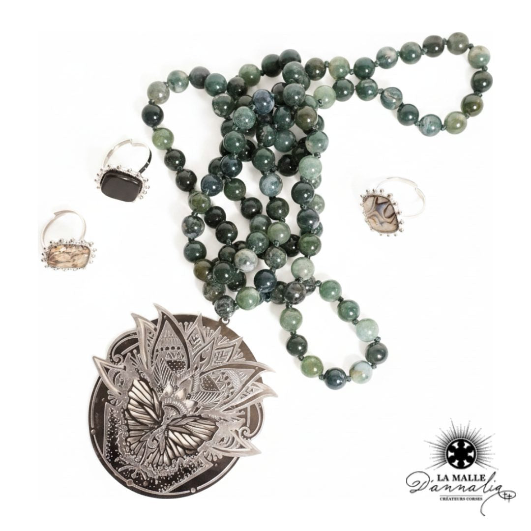 Collier Sautoir Agate Mousse & Papillon — Bijou Naturel Unique Bastia