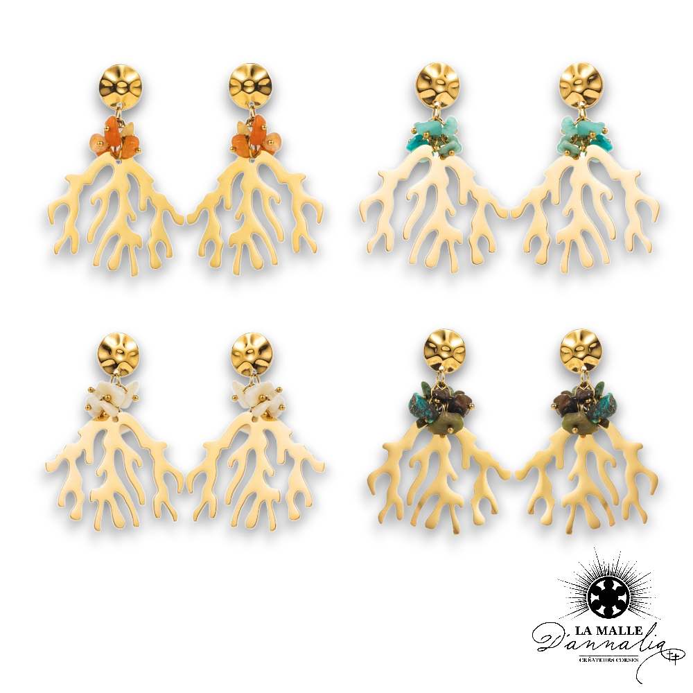 boucle d'oreille corail acier inoxydable pierre