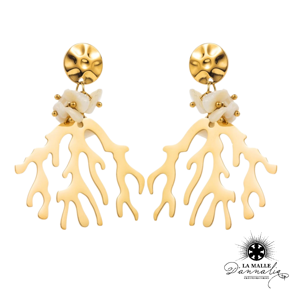 boucle d'oreille corail acier inoxydable pierre