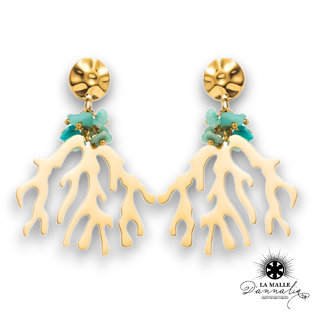 boucle d'oreille corail acier inoxydable pierre