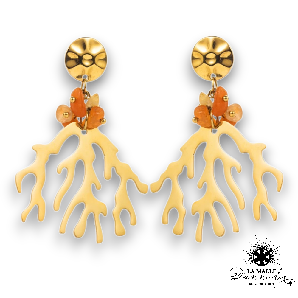 boucle d'oreille corail acier inoxydable pierre
