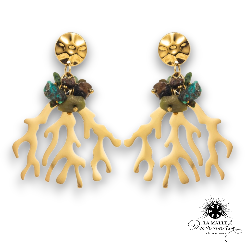 boucle d'oreille corail acier inoxydable pierre