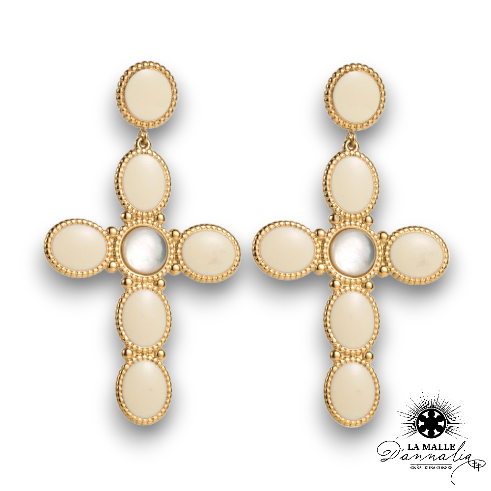Boucle d'oreille croix acier inoxydable pierre