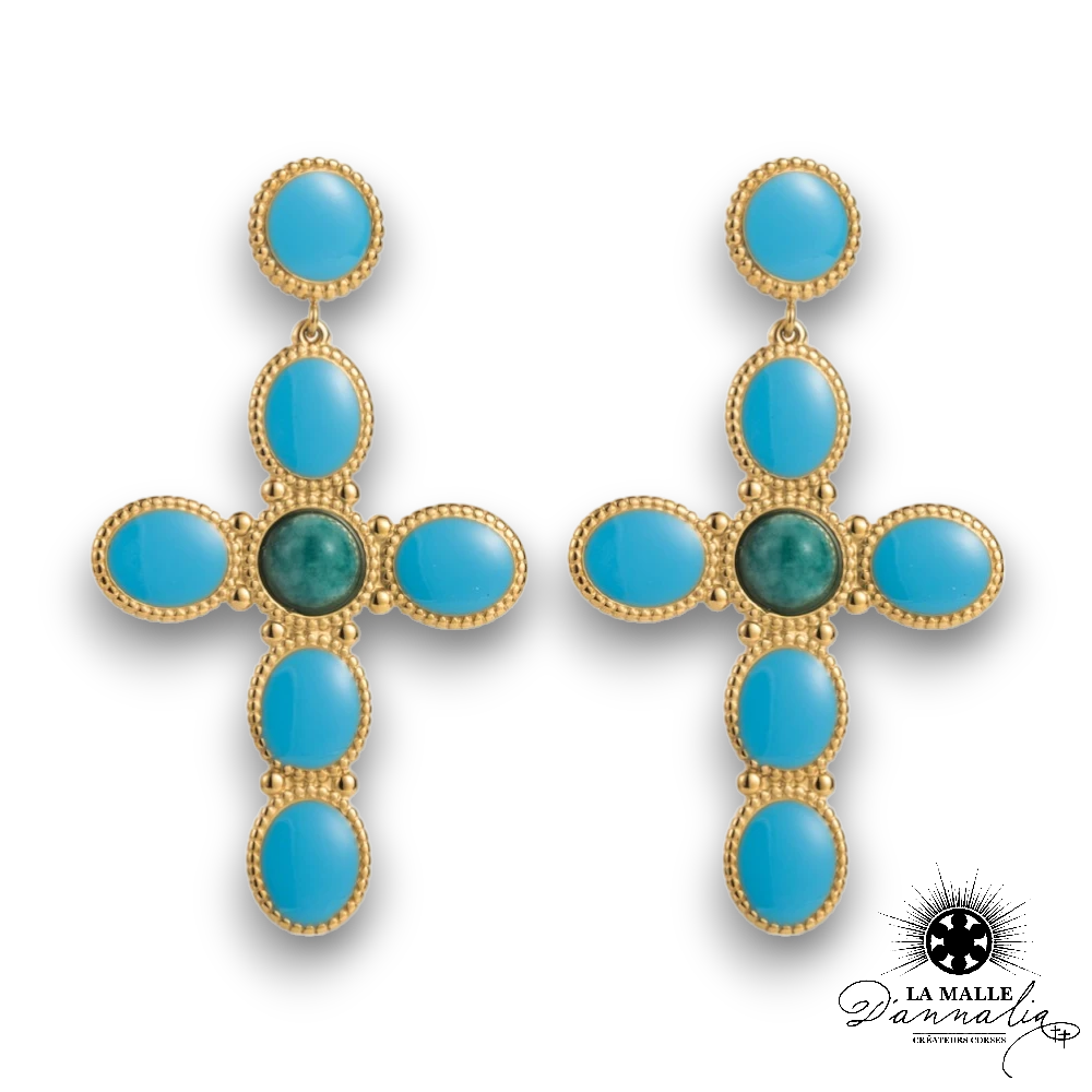 Boucle d'oreille croix acier inoxydable pierre