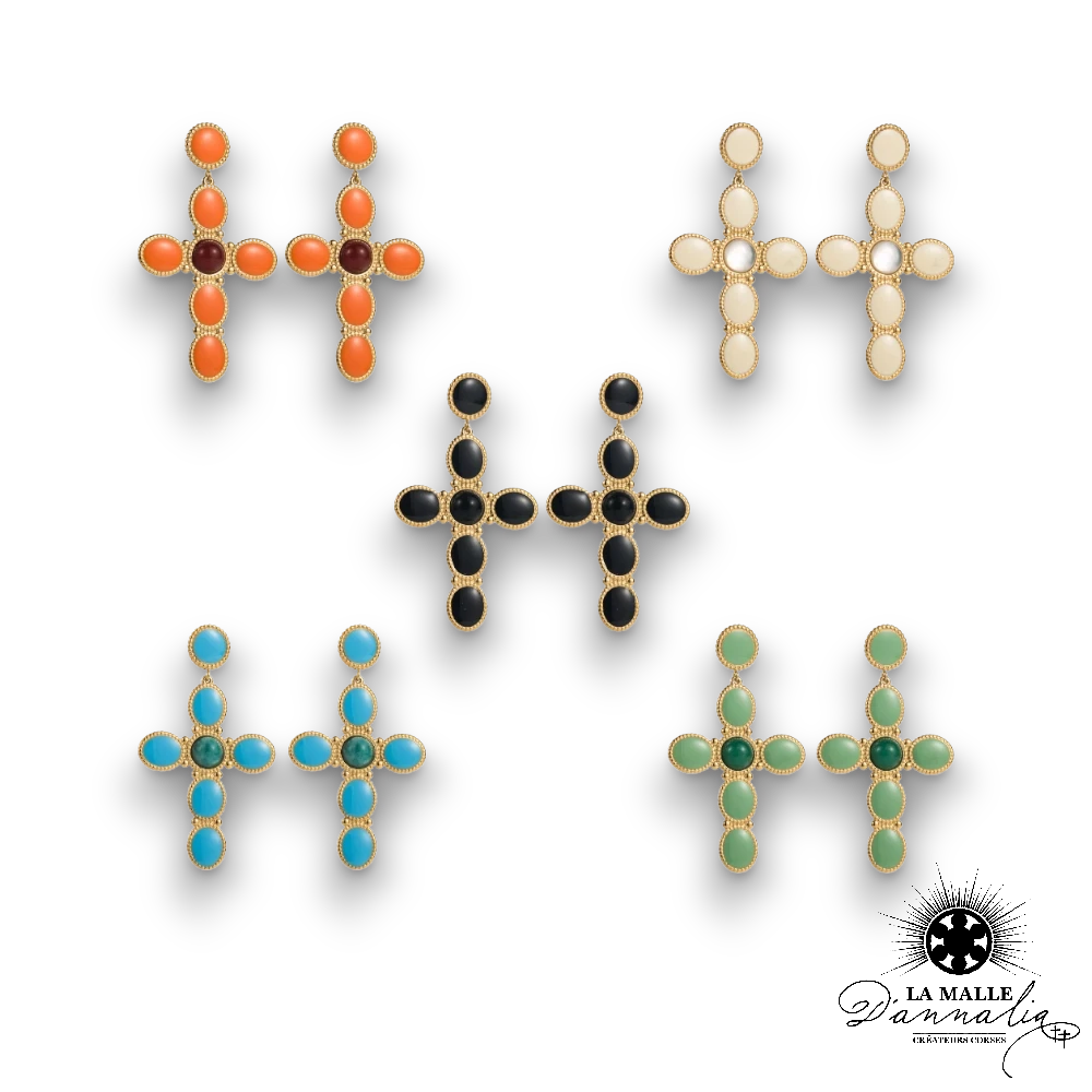 Boucle d'oreille croix acier inoxydable pierre