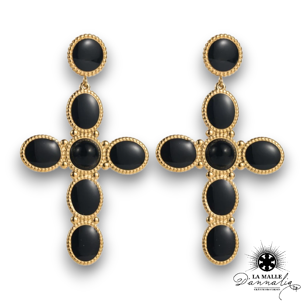 Boucle d'oreille croix acier inoxydable pierre