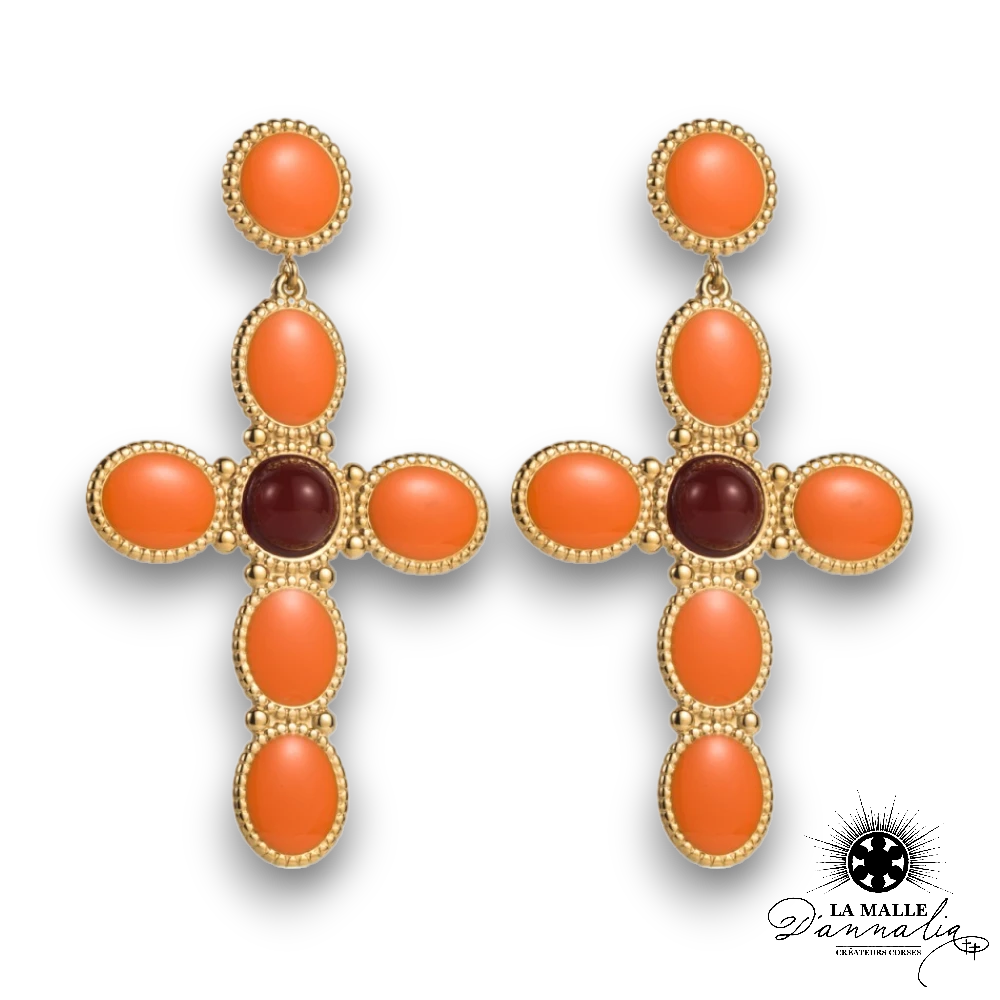 Boucle d'oreille croix acier inoxydable pierre