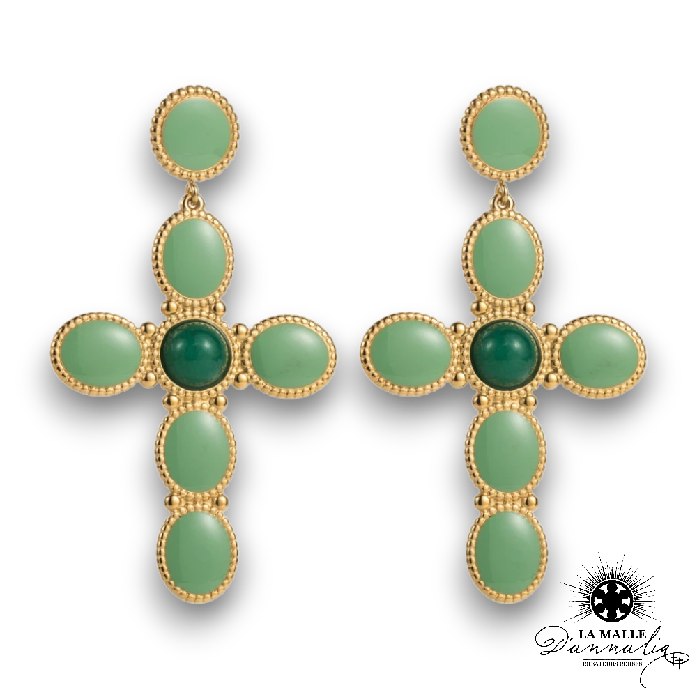 Boucle d'oreille croix acier inoxydable pierre
