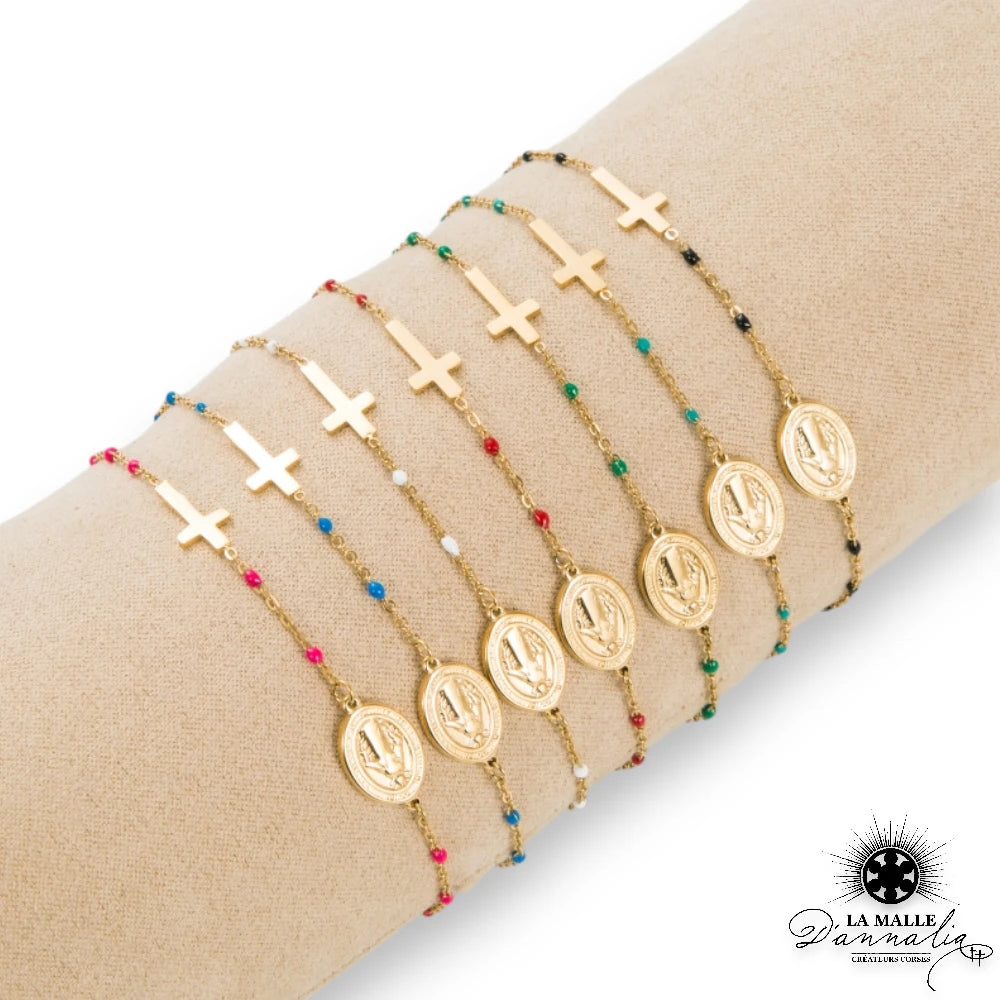Bracelet Croix + Vierge multicolore en acier inoxydable