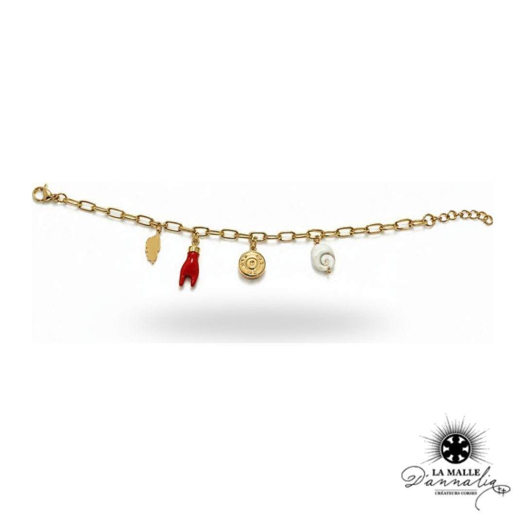 Bracelet breloques œil de Shiva, feuille, main cornue et douille recyclée doré, porte-bonheur corse — La Malle d'Annalia Bastia
